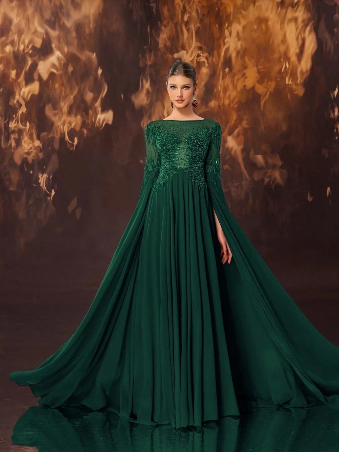 Women Heavy Industry Cocktail Evening Dress round Neck Bead Super Long Sleeve High End Elegant Evening Maxi Dress Bella Mia