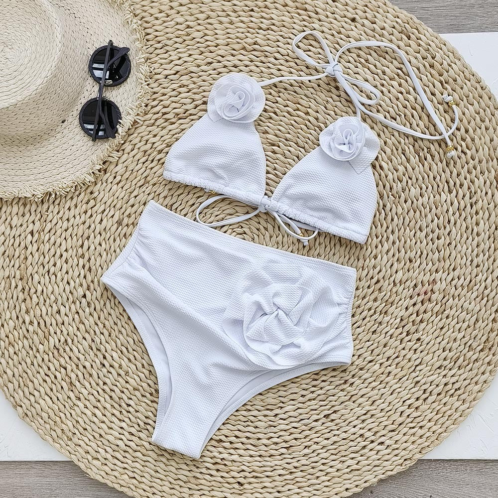 Solid Color Rib Fabric Three Point Bikini Split Swimsuit Women High Waist Strap 3D Decoration Bella Mia