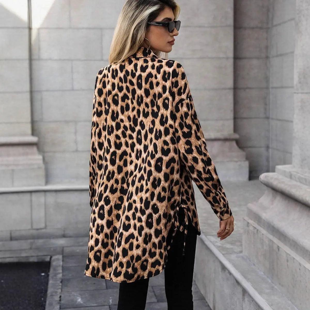 Women Autumn Satin Leopard Print Shirt Printed Long Sleeve Long Shirt Bella Mia