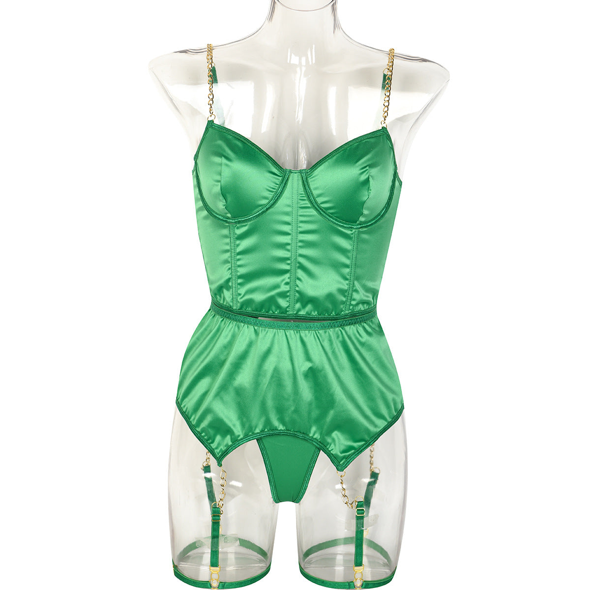 Green Satin High End Sexy Lingerie Three Piece Set Women Chain Back Sexy Cutout Bella Mia