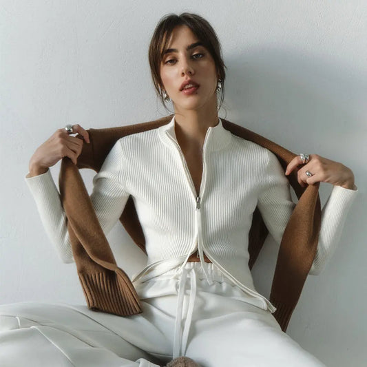 Stand up Collar Slim Fit Long Sleeved Coat Autumn Winter Double Zipper Cardigan Thermal Knitting Coat for Women Bella Mia