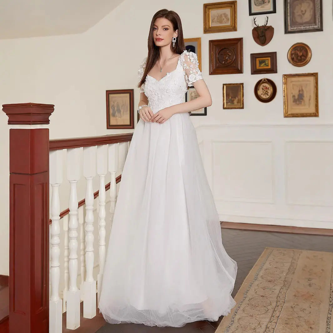 French Pastoral White Large Swing V neck Short Sleeve Elegant Backless Cocktail Wedding Dress Bella Mia