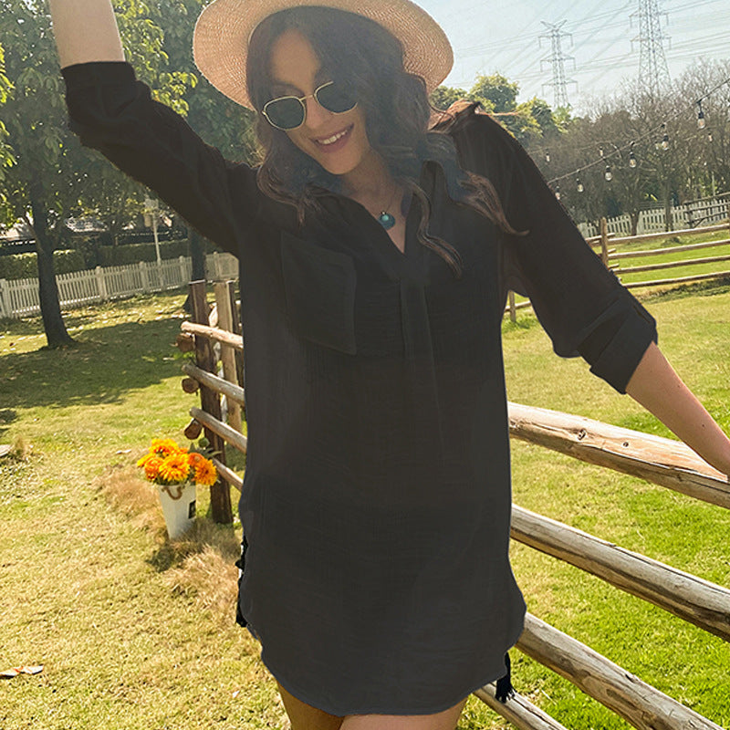 Vacation Sun Protection Coat Solid Color Loose Breathable Casual Long Sleeved Shirt Sun Protection Pullover Blouse Crochet hook Bella Mia