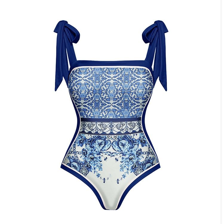 Bow Bandage Blue White Porcelain Printed One Piece Swimsuit Women Set Dress Bella Mia