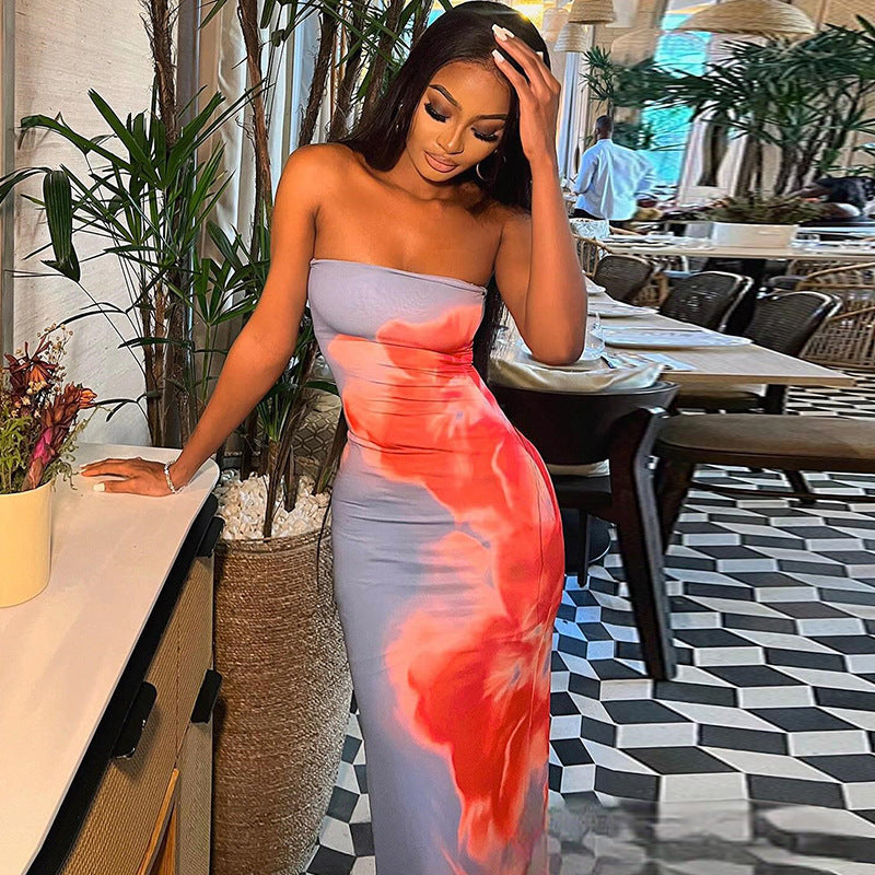 Women Clothing Printing Dress Sexy off the Shoulder Sleeveless One Step Dress Bella Mia