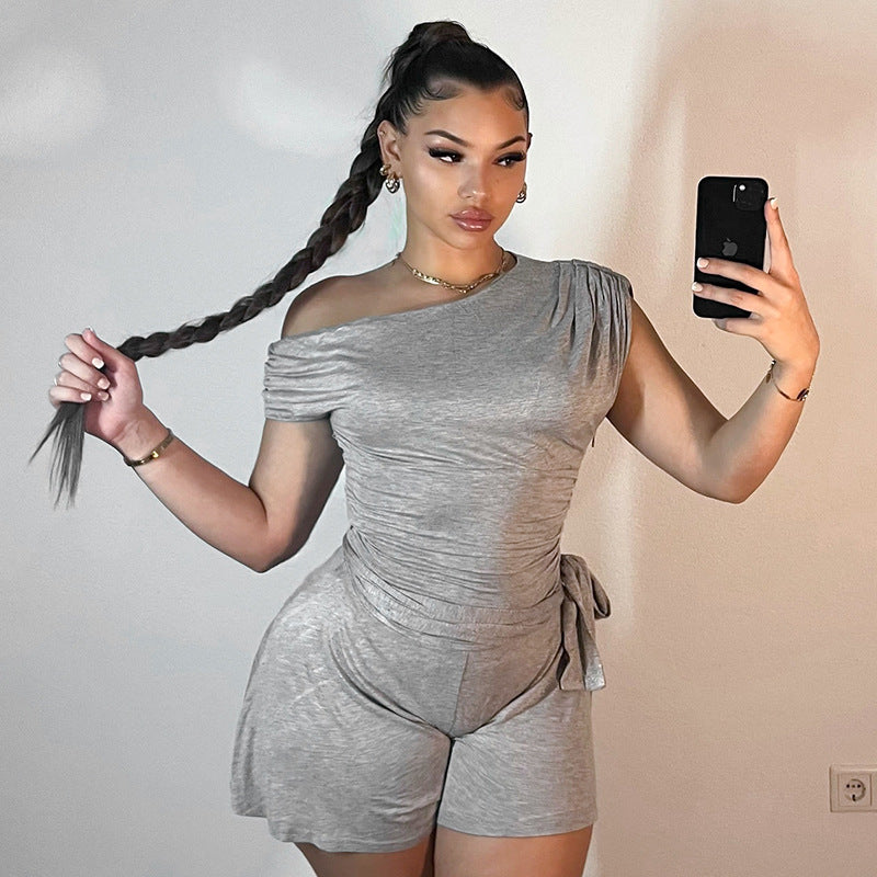 Women Clothing Spring Summer Crossbody off the Shoulder Pleated Bow Waist Tie Romper Bella Mia