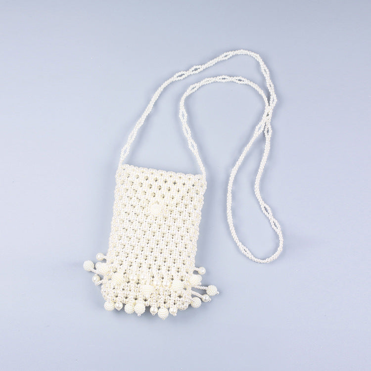 Hand Woven Beads Ethnic Retro Hollow Out Cutout Triangle Buckle Pearl Acrylic Waxberry Tassel Crossbody Phone Bag Bella Mia