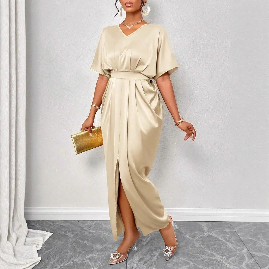 Women Clothing Early Autumn Satin Dress Ball Gown Satin Waist Tight Maxi Dress Bella Mia