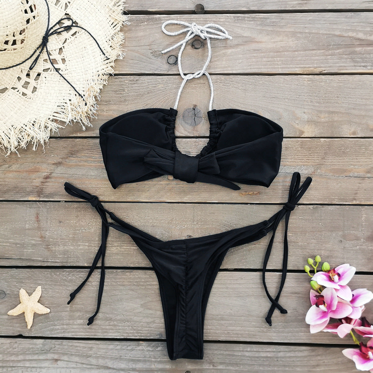 Solid Color Lace up Low Waist Sexy Hollow Out Cutout Bikini Split Swimsuit Women Bikini Bella Mia