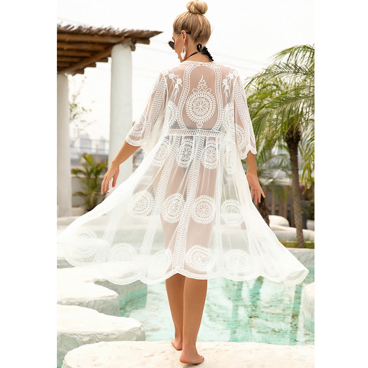 Seaside Vacation Beach Sexy Hollow Out Cutout Beach Cover Up Long Cardigan Factory Bella Mia