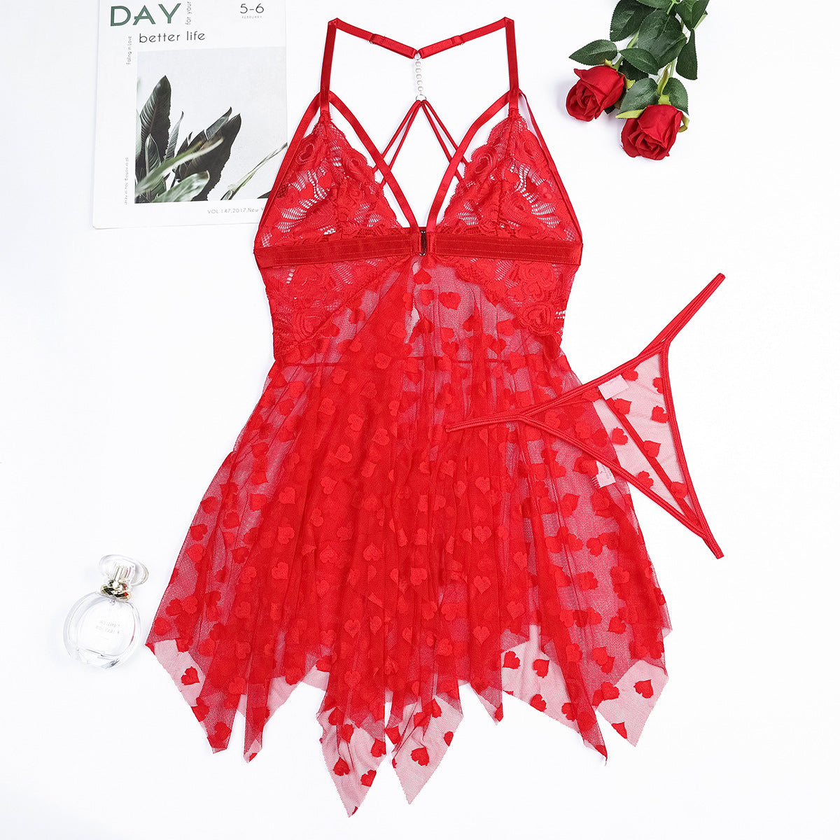 Sexy Red Love Mesh Irregular Asymmetric Hem Pearl Backless Valentine Day Overall Skirt Set Nightdress Bella Mia