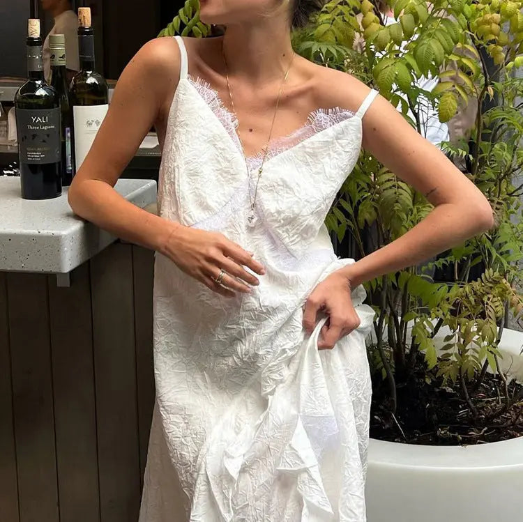 French Design Irregular Asymmetric Hem Backless Sexy Dress Women Lace Stitching Sleeveless Cami Dress Bella Mia