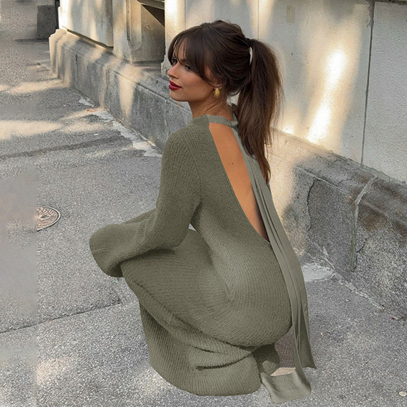 Women Clothing Winter Solid Color Sexy Backless Long Sleeves Lace up Slim Fit Dress Bella Mia