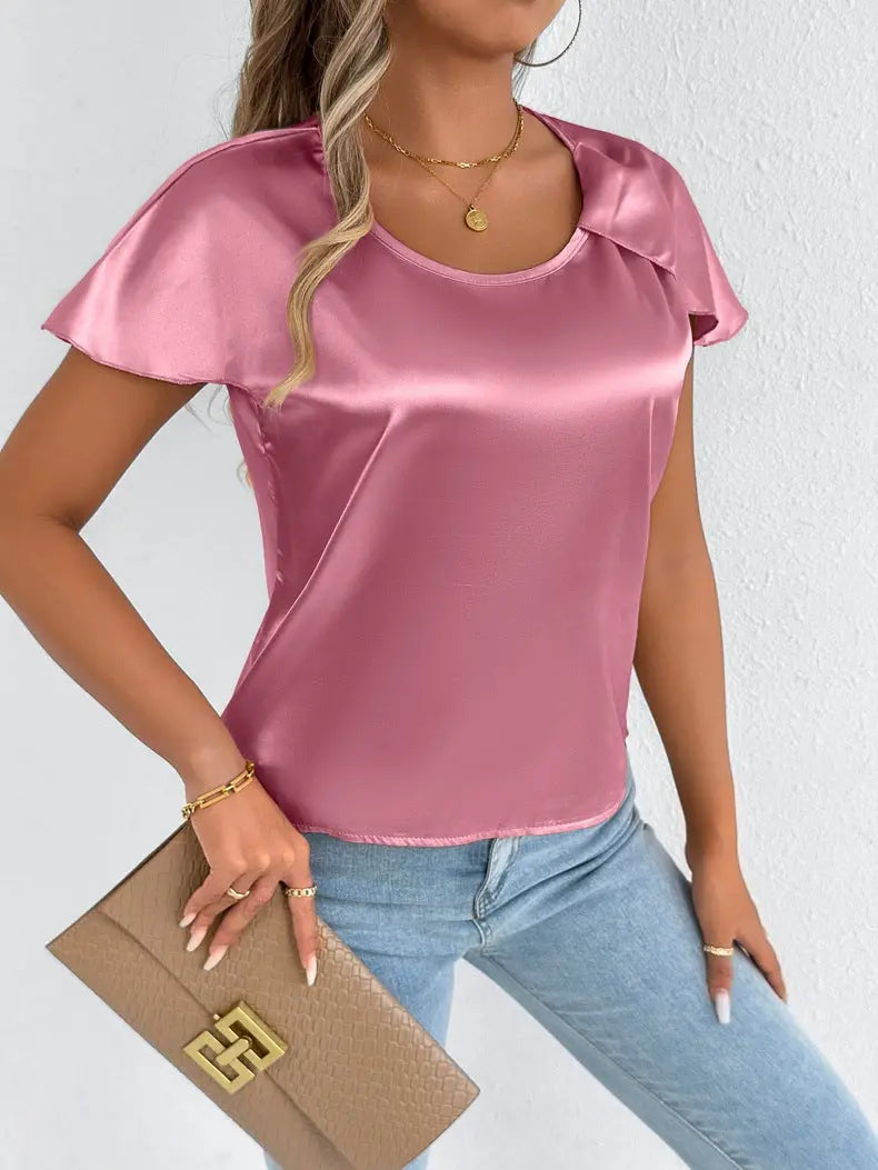 Elegant Satin Short Sleeve Blouse For Women Crew Neck Top Bella Mia