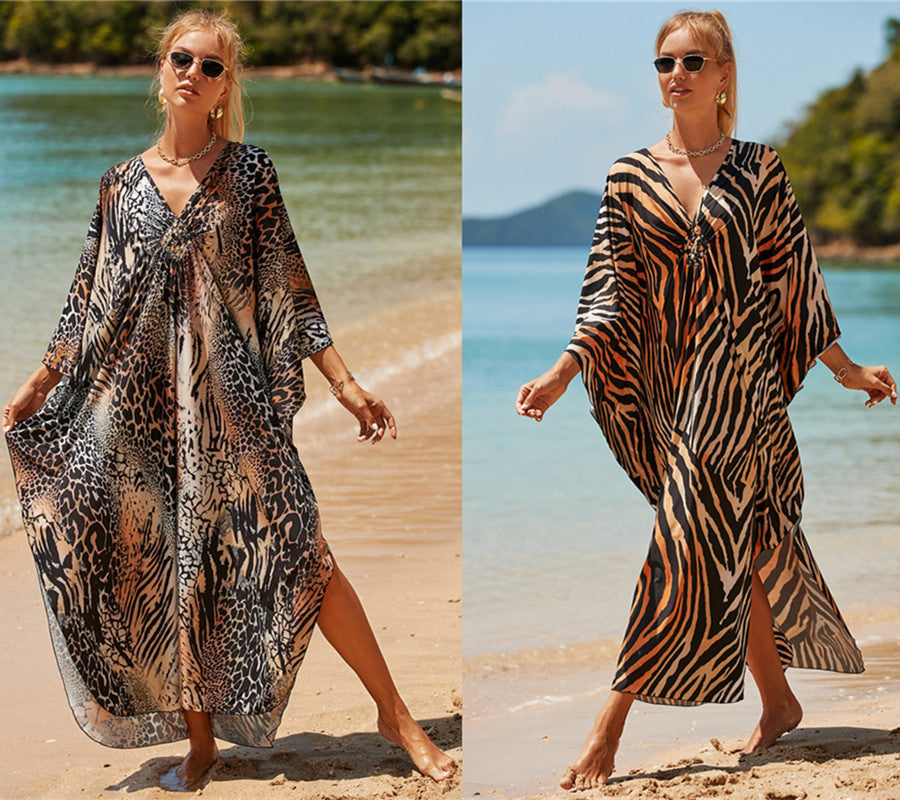 Elastic Printing Beach Cover-up Sexy Loose Chest Woven Vacation Beach Cover Up Bella Mia