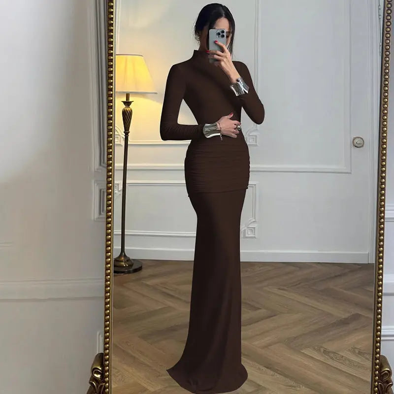 Women Clothing Autumn Solid Color Long Sleeve Slim Fit Fishtail Dress Button Backless Dress Women Bella Mia