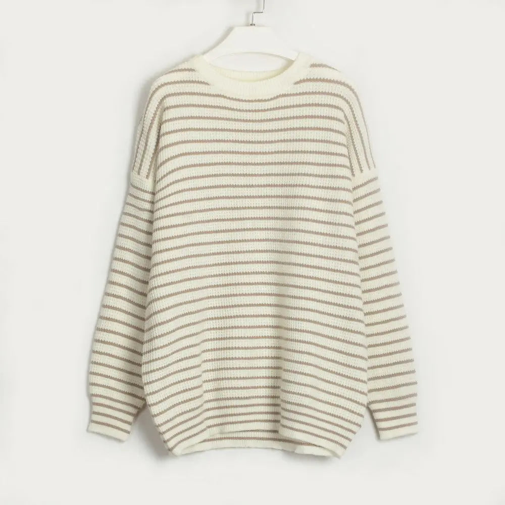 Women Clothing Striped All Matching round Neck T shirt Simple Casual Loose Sweater Bella Mia