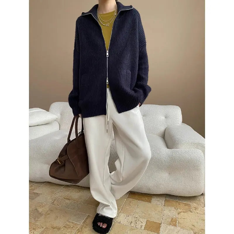 Loose Feeling Weekend Soft Glutinous Idle Double Zipper Loose Knitted Cardigan Sweater Coat Bella Mia
