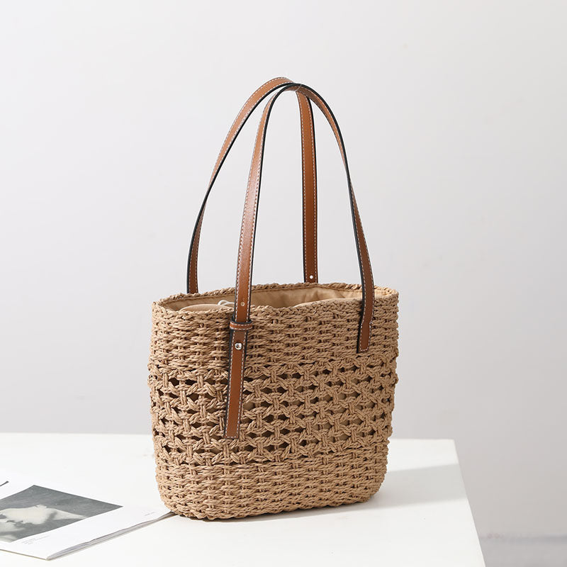 Straw Woven Bag Women Hollow Out Cutout Handmade Straw Bag Woven Bag Shoulder Portable Straw Weaved Bag Seaside Vacation Beach Bag Bella Mia