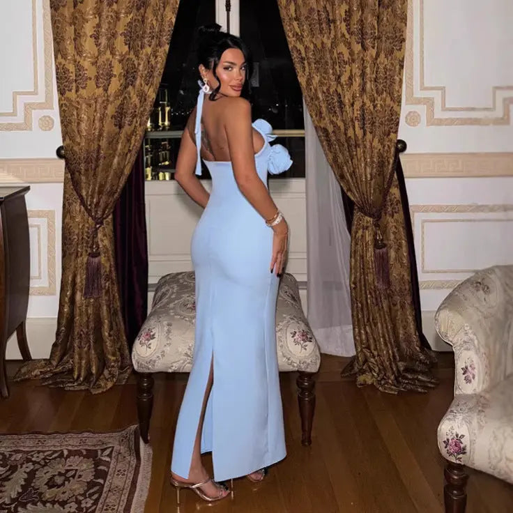 Women Three Dimensional Floral Halter Backless Bodycon Maxi Dress For Party Club Bella Mia