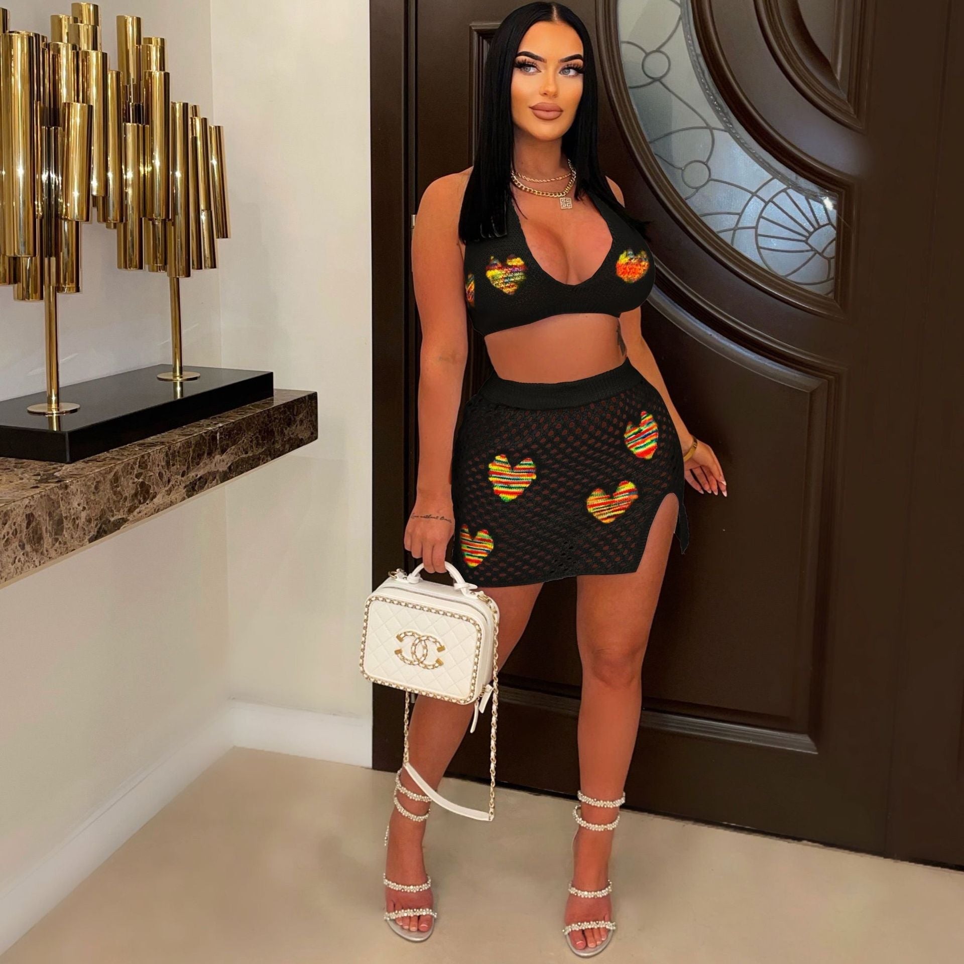 Women Clothing Sexy Love Jacquard Hollow Out Cutout Knitted Beach Skirt Set Bella Mia