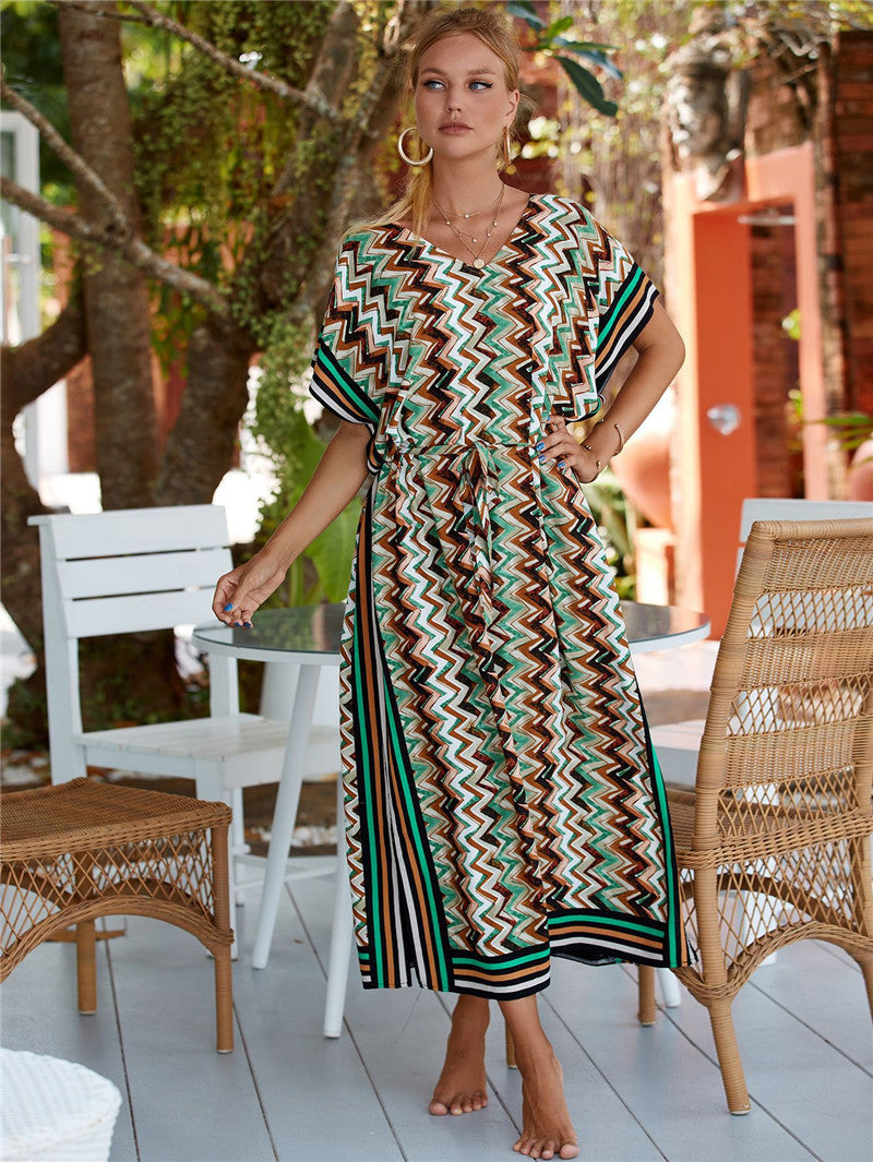 Rayon Wave Print Beach Cover-up Robe Vacation Sun Protection Shirt Bikini Cover Bella Mia