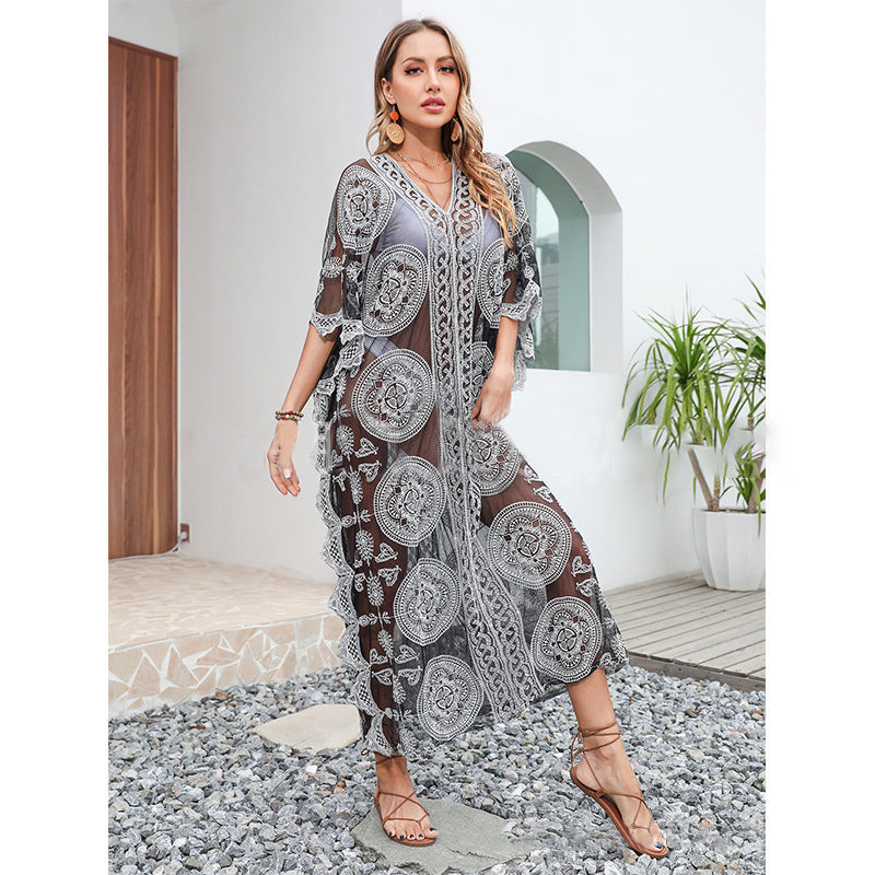 Beach Sun Protection Shirt Loose Pullover Swimsuit Outer Cover Bikini Jacket Water Soluble Lace Dress Bella Mia