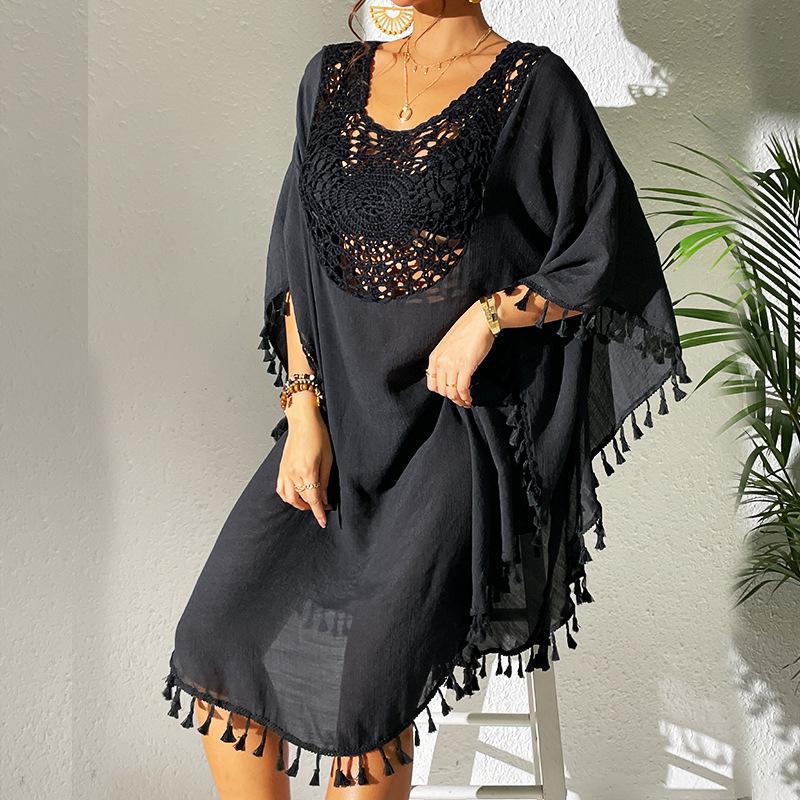 Slubbed Fabric Stitching Hand Crocheting Beach Cover-up Sexy Loose Vacation Sun Protection Shirt Beach Cover Up