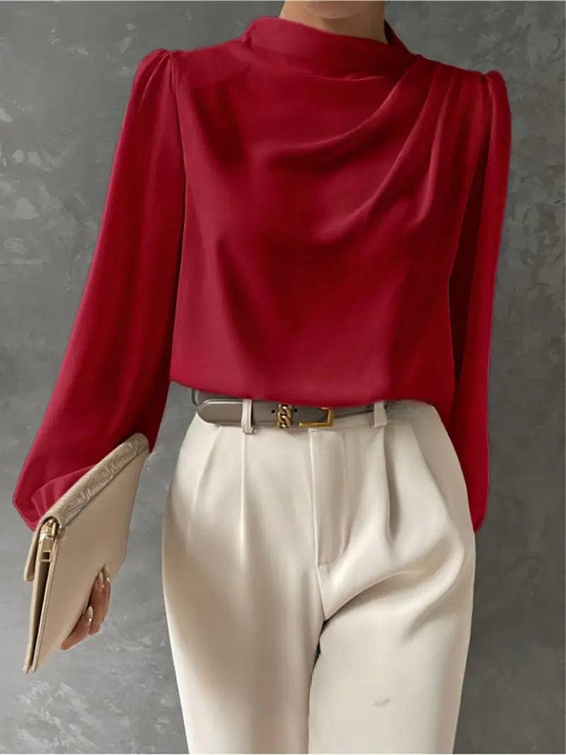 Solid Color Pleated Women Shirt Elegant Pullover Satin Top Office Long Sleeve Top Bella Mia