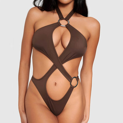 Bikini Swimsuit Sexy Solid Color Hollow Out Cutout Siamese Swimsuit