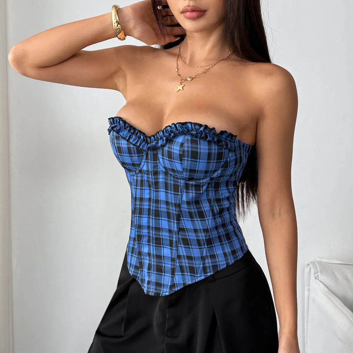 Pure Sexy Blue Retro Plaid Stitching Lace Tube Top Bella Mia