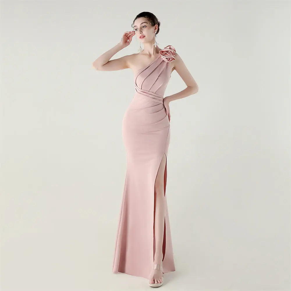 One Shoulder Three Dimensional Floral Satin Folding High Slit Sexy Evening Dress Dinner Wedding Social Bella Mia