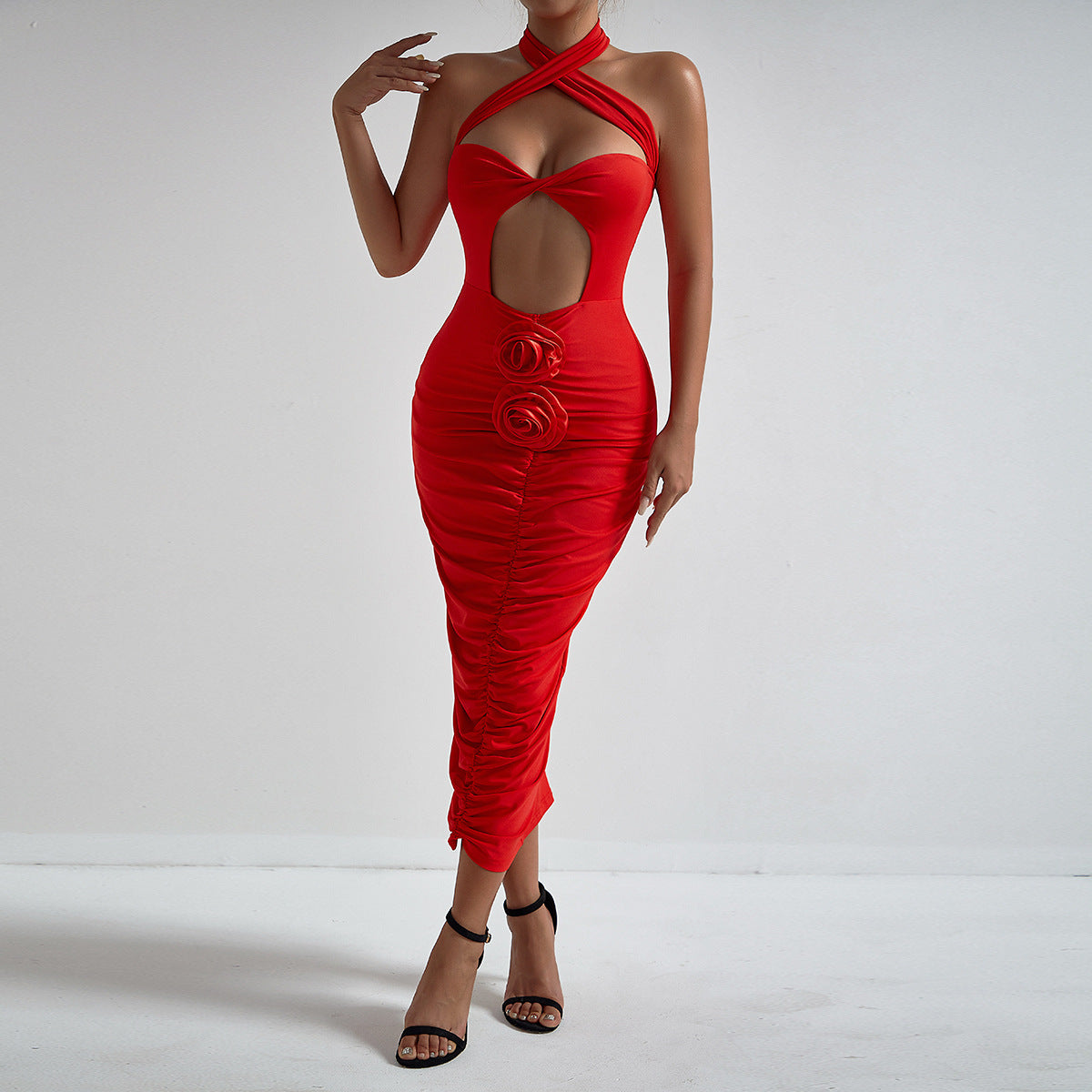 Fashionable Floral Cross Halter Hollow Out Cutout Sexy Chest lattering Dress Elegant Holiday Pleated Hip Dress for Women Bella Mia