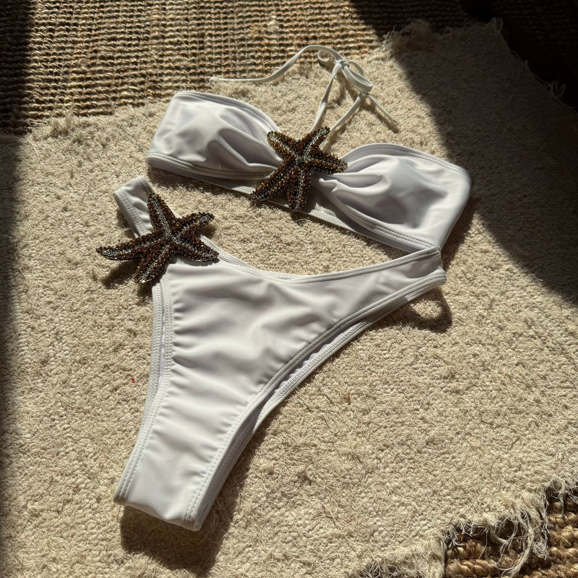 Solid Color Starfish Affixed Cloth Embroidered Sexy Lacing Split Swimsuit Bikini Bella Mia