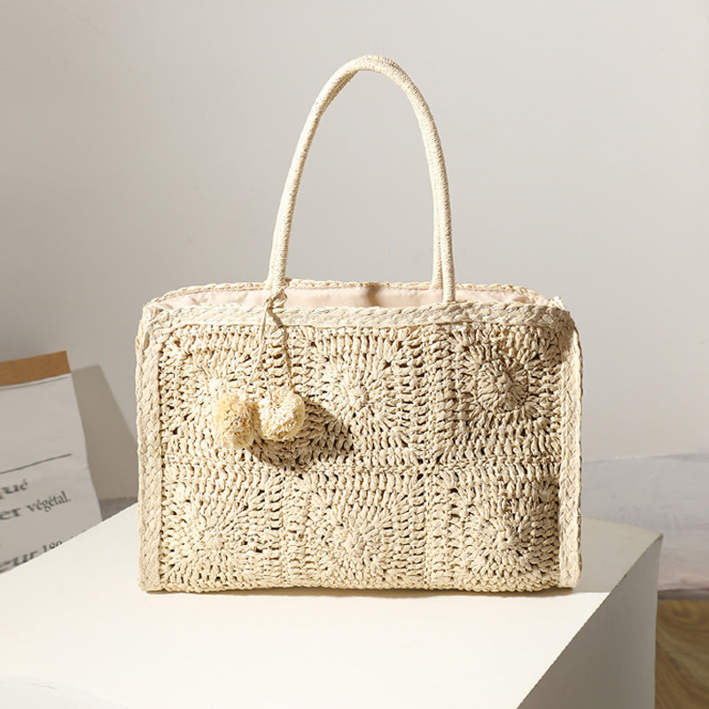 Hollow Out Cutout Straw Bag Large Capacity Fur Ball Hand Woven Bag Casual Women One Shoulder Handbag Beach Bag Bella Mia