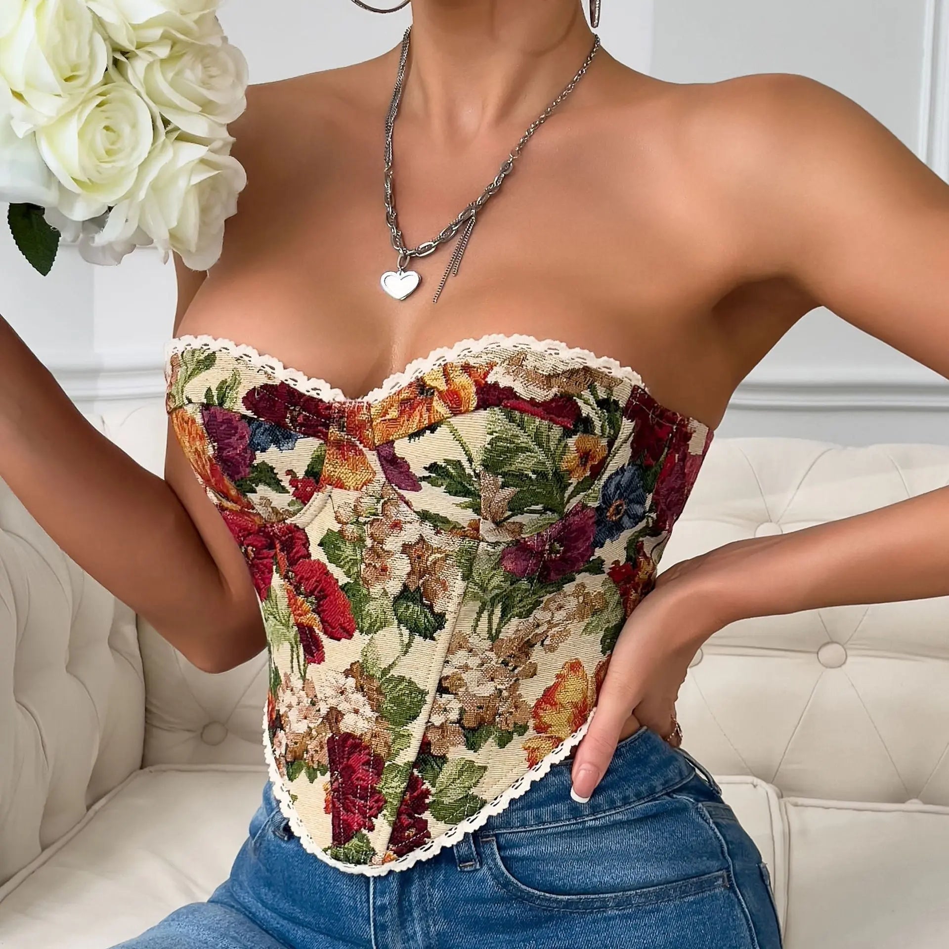 Street Retro Floral Print Corset Flounce Trim Lace Up French Minority Boning Corset Vest Bella Mia