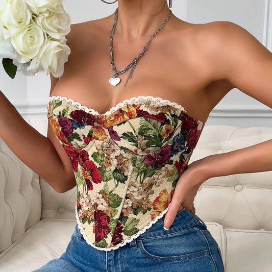 Street Retro Floral Print Corset Flounce Trim Lace Up French Minority Boning Corset Vest Bella Mia