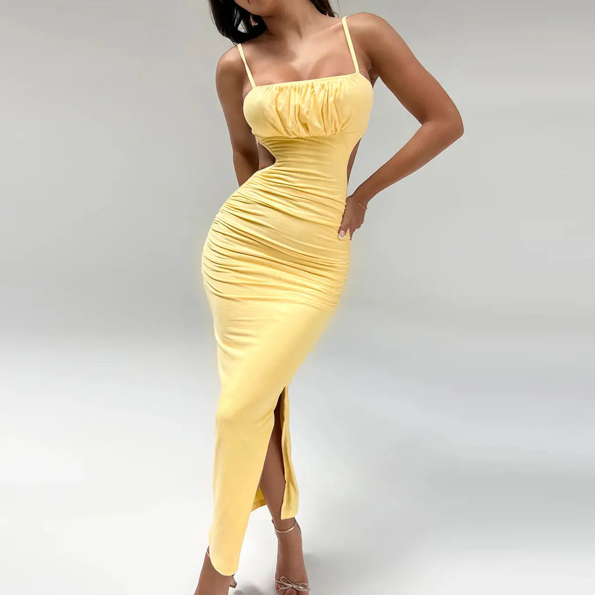 Women Cami Dress Sexy Backless Ruffle Hip Side Slit Maxi Dress Bella Mia