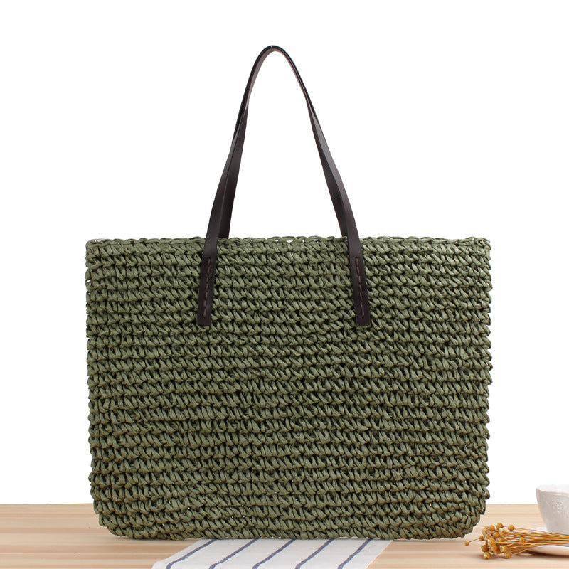 Large Capacity Casual Straw Bag Korean Shoulder Bag Solid Color Handmade Woven Bag Mori Photo Bella Mia