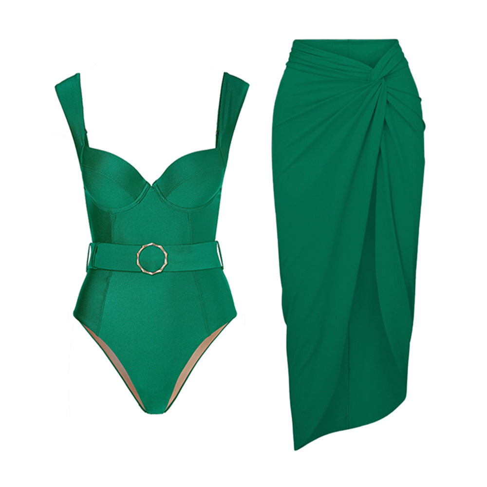 Solid Color One Piece Swimsuit Women Vacation Suit Skirt Swimsuit
