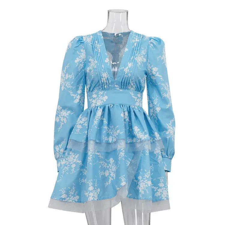 Women Clothing Pleated V neck Printed Dress Long Sleeve Tight Waist Graceful Fashionable A line Dress Bella Mia