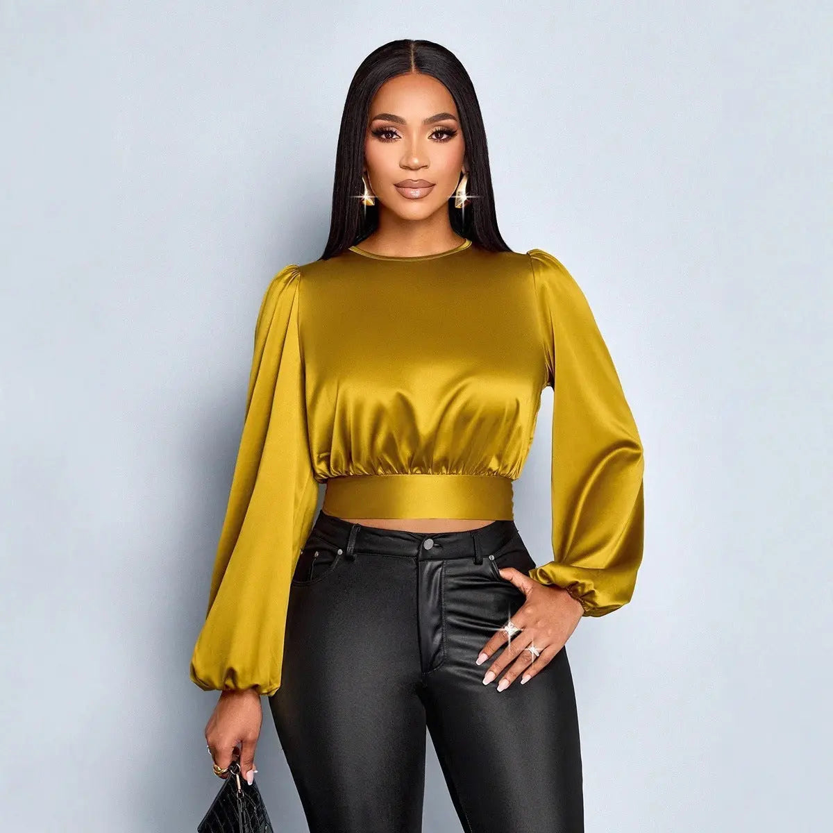 Leopard Print Satin Cropped Blouse Women Backless Sexy Ruched Tie Top Bella Mia