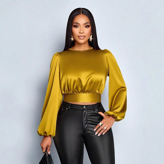 Leopard Print Satin Cropped Blouse Women Backless Sexy Ruched Tie Top Bella Mia