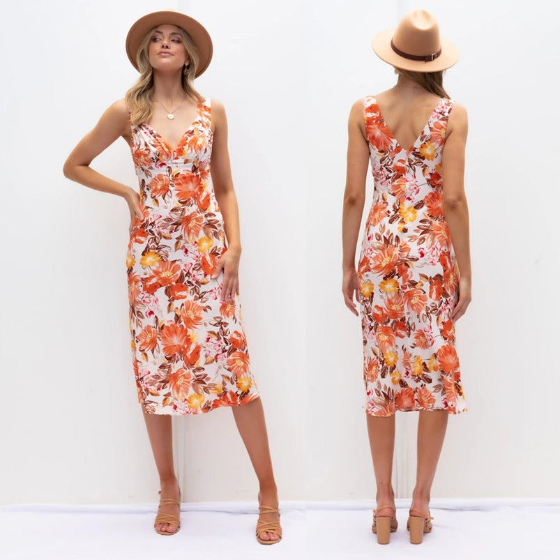 Spring Front Back V-neck Sleeveless Printed Slim-Fit Sexy Dress Women Clothing Floral Burst Bella Mia