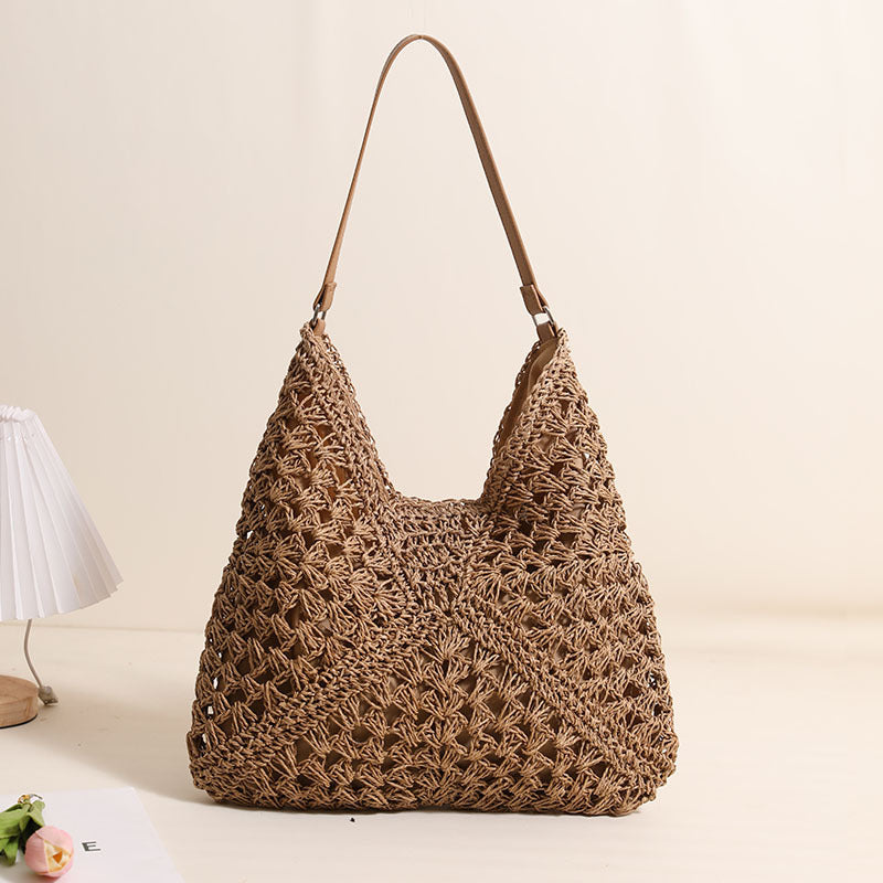 Casual Hollow Out Cutout Shoulder Straw Bag Triangle Large Capacity Straw Bag Woven Bag Vacation Beach Bag Women Bag Bella Mia