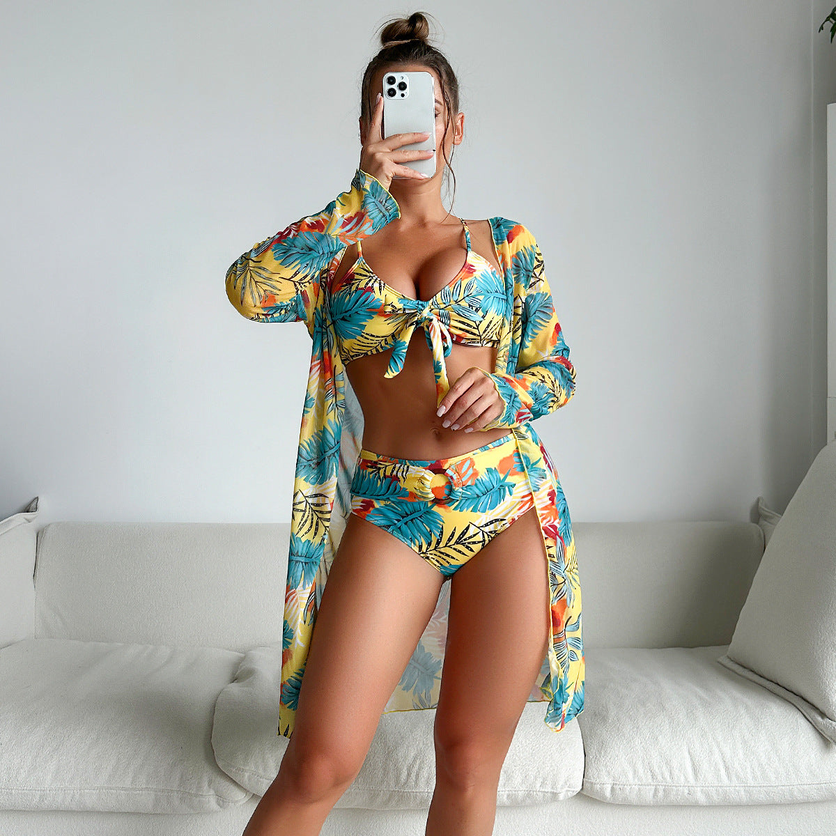 Swimsuit Women Two Piece Printed Long Sleeve Internet Celebrity Bikini Three Piece Swimsuit Bella Mia