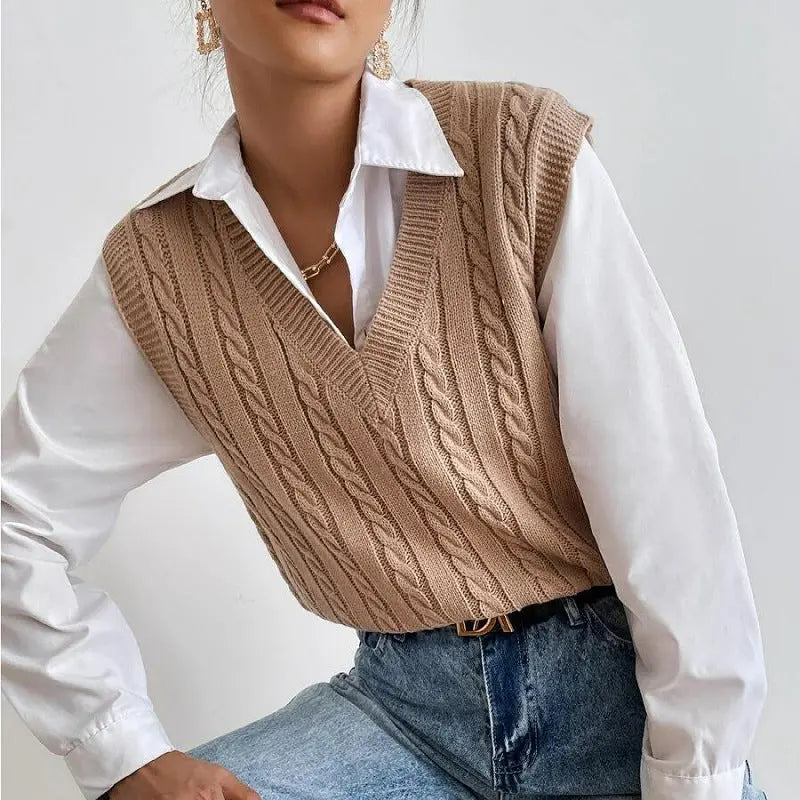 Women Twist Knit Vest Solid Color V Neck Sleeveless Sweater Vest for Summer Bella Mia