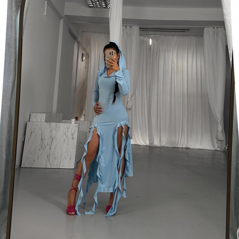 Summer Popular Trend Ruffled Stitching Long Sleeve Hooded Irregular Asymmetric Dress Bella Mia