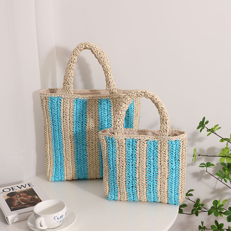 Vertical Stripes French Straw Bag Portable Contrast Color Straw Bag Woven Bag Women's Bag Seaside Vacation Beach Bag Bella Mia