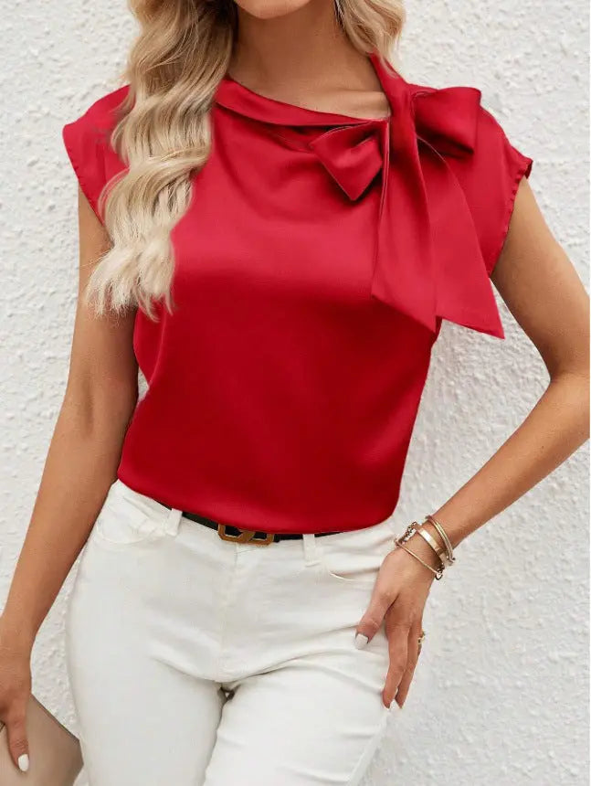 Half Open Collar Bow Satin Top Special Interest Design Satin Women Clothing T shirt Bella Mia